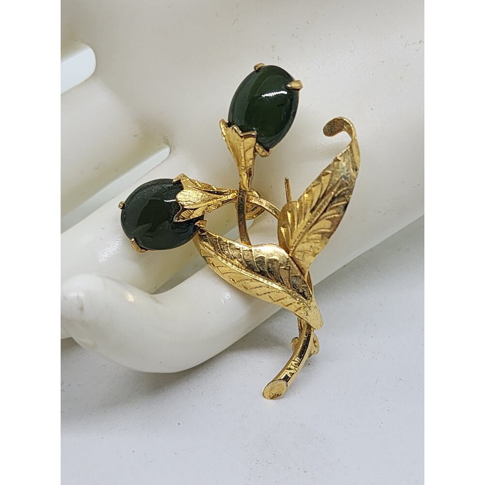 Vintage 12k Gold Filled Leaf Brooch Green Jade Floral Pin Filigree 1960s